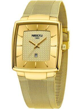 Nibosi Men's All Gold Square Analog Quartz Stainless Mesh Strap Waterproof Watch